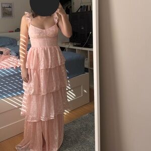 Lulus Pink Jacquard Tiered Maxi Dress